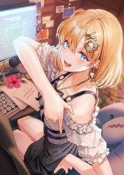 Rule 34 | 1girl, black skirt, blonde hair, blue eyes, breasts, chair, earrings, flower, frills, hair ornament, hairclip, highres, hololive, hololive english, jewelry, keyboard (computer), looking at viewer, looking back, medium breasts, microphone, monitor, necklace, office chair, official alternate costume, open mouth, pointing, pointing down, red flower, scratching ass, short hair, sitting, skirt, solo, stuffed animal, stuffed shark, stuffed toy, suspenders, swivel chair, takodachi (ninomae ina&#039;nis), teeth, tf18080512, upper teeth only, virtual youtuber, watson amelia, watson amelia (street casual)
