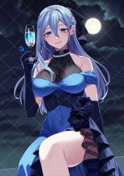 Rule 34 | 1girl, absurdres, bead necklace, beads, black gloves, blue dress, blue hair, blush, breasts, celeste sofione, closed mouth, cup, detached sleeves, dress, earrings, full moon, glass, gloves, hair between eyes, highres, holding, holding cup, indie virtual youtuber, jewelry, long hair, medium breasts, moon, necklace, night, night sky, pinchi, sky, smile, solo