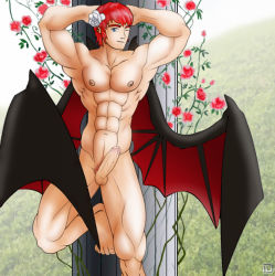 Rule 34 | 1boy, abs, bat wings, erection, flower, male focus, nature, nude, outdoors, pectorals, pectorals, penis, solo, standing, uncensored, wings