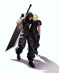Rule 34 | 2boys, aqua eyes, arm around shoulder, armor, baggy pants, belt, black footwear, black gloves, black hair, black pants, black shirt, blonde hair, blood, blood from mouth, boots, buster sword, cloud strife, commentary, dirty, dirty face, english commentary, final fantasy, final fantasy vii, final fantasy vii remake, full body, gloves, hair between eyes, hair slicked back, head down, highres, ldawb, multiple belts, multiple boys, pants, shirt, short hair, shoulder armor, simple background, sleeveless, sleeveless turtleneck, spiked hair, suspenders, turtleneck, weapon, weapon on back, white background, zack fair