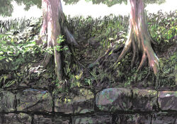 Rule 34 | day, grass, mitsuaki takeuchi, no humans, original, outdoors, plant roots, scenery, sketch, stone wall, tree, wall