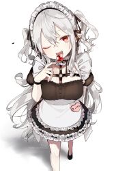 Rule 34 | 1girl, ;p, absurdres, alternate costume, apron, black dress, breasts, commentary request, dress, enmaided, fangs, feet out of frame, frilled apron, frilled dress, frills, genderswap, genderswap (mtf), grey hair, hair between eyes, head tilt, heart, highres, holding, kuzuha (nijisanji), long hair, maid, maid headdress, medium breasts, nijisanji, o-ring, one eye closed, red eyes, shadow, signature, simple background, sofra, solo, standing, tongue, tongue out, twitter username, two side up, very long hair, virtual youtuber, white apron, white background