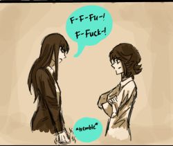 Rule 34 | 10s, 2girls, color coordination, comic, covered eyes, crossed arms, english text, eyebrows, female focus, formal, kill la kill, kiryuuin satsuki, long hair, matoi ryuuko, monochrome, multiple girls, nervous, roman imperial, sepia, short hair, siblings, sisters, speech bubble, spot color, standing, stress, stutter, surprised, thick eyebrows, trembling, wide-eyed, yuri