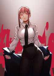 Rule 34 | 1girl, absurdres, black jacket, black legwear, black necktie, black pants, blood, blood on hands, breasts, brown hair, business suit, chainsaw man, collared shirt, formal, high-waist pants, highres, jacket, large breasts, long sleeves, looking at viewer, makima (chainsaw man), medium hair, necktie, neckwear request, open mouth, pants, pink eyes, removing jacket, renxzd, ringed eyes, shirt, shirt tucked in, short hair, solo, suit, tight clothes, tight pants, undressing, white shirt