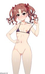 Rule 34 | 1girl, absurdres, artist name, bikini, black bikini, blush, bottomless, bow, breasts, brown eyes, brown hair, cleft of venus, collarbone, commission, cowboy shot, gluteal fold, hair bow, hand on own stomach, hand up, highres, holding strap, huge filesize, long hair, looking at viewer, navel, nipple slip, nipples, pixiv commission, pussy, red hair, roswell ss, shiny skin, shirai kuroko, simple background, small breasts, smile, solo, standing, swimsuit, toaru kagaku no railgun, toaru majutsu no index, twintails, white background