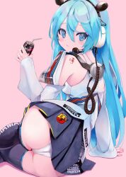 Rule 34 | 1girl, alternate hairstyle, aqua eyes, aqua hair, arm support, ass, ass focus, blush, can, check copyright, copyright request, from behind, good ass day, hair between eyes, hatsune miku, headphones, headset, highres, holding, holding can, looking at viewer, looking back, miniskirt, panties, pirelli, shoulder tattoo, sitting, skirt, takepon1123, tank top, tattoo, underwear, vocaloid, white panties, white sleeves, white tank top, yokozuwari
