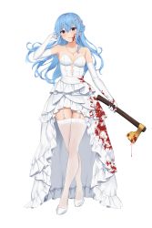 Rule 34 | 1girl, axe, blood, blood on axe, blood on clothes, blood on face, blue eyes, blue hair, blush, breasts, collarbone, crossed legs, dress, elbow gloves, frilled dress, frills, full body, garter straps, gloves, golden axe (weapon), high heels, highres, holding, holding axe, hololive, hoshimachi suisei, jewelry, long hair, looking at viewer, medium breasts, necklace, parted lips, simple background, smile, solo, standing, star (symbol), star in eye, strapless, strapless dress, symbol in eye, terry (pixiv3274443), thighhighs, thighs, toe cleavage, virtual youtuber, watson cross, wedding dress, white background, white dress, white footwear, white garter straps, white gloves, white thighhighs, zettai ryouiki