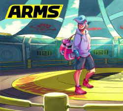 Rule 34 | 1boy, arms (game), blue eyes, blue hair, boxing gloves, casual, closed mouth, hands in pockets, highres, hood, hoodie, logo, male focus, official art, pompadour, shoes, shorts, smile, sneakers, solo, spring man (arms), stadium, sunrise, toaster (arms), yamamoto yuu
