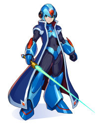 Rule 34 | 1boy, alternate costume, android, commentary, energy sword, english commentary, green eyes, helmet, highres, holding, holding sword, holding weapon, kadej, long coat, looking to the side, male focus, mega man (series), mega man x5, x (mega man), mega man x (series), solo, sword, weapon, white background