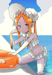 Rule 34 | 1girl, abigail williams (fate), abigail williams (swimsuit foreigner) (fate), bare arms, bare shoulders, bikini, bikini skirt, blonde hair, blue eyes, blue sky, bonnet, bow, bowtie, chancop, closed mouth, cloud, day, eyes visible through hair, fate/grand order, fate (series), groin, hair lift, hand up, highres, innertube, long hair, navel, orange innertube, outdoors, parted bangs, partially submerged, ribs, skinny, sky, smile, solo, swim ring, swimsuit, water, white bikini, white bow, white bowtie, white headwear