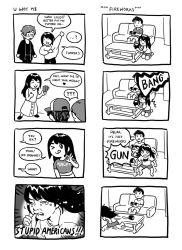 Rule 34 | 1girl, 4boys, 4koma, annoyed, artist self-insert, baseball cap, biting, black hair, clothes writing, comic, controller, couch, cup, curly hair, english text, game controller, glasses, greyscale, hat, highres, monochrome, mug, multiple boys, ok sign, original, shirt, shorts, spill, t-shirt, table, tears, thumb biting, ticket, truth, viibean