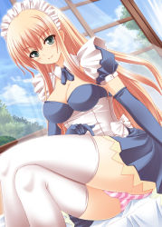 Rule 34 | 1girl, blonde hair, blush, breasts, cleavage, cloud, crossed legs, curtains, day, elbow gloves, gloves, green eyes, highres, long hair, maid, maid headdress, medium breasts, original, panties, ribbon, sitting, sky, smile, solo, striped clothes, striped panties, thighhighs, underwear, usaginezumi, white thighhighs, window