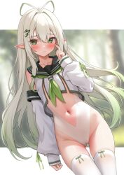 Rule 34 | 1girl, antenna hair, black sailor collar, blurry, blurry background, blush, closed mouth, collarbone, commentary request, detached sleeves, elf, gradient hair, green eyes, green hair, green neckerchief, hair ornament, karutamo, long hair, looking at viewer, multicolored hair, navel, neckerchief, original, pointy ears, sailor collar, school uniform, serafuku, solo, thighhighs, thighs, white hair, white sleeves, white thighhighs