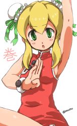 Rule 34 | 1girl, adapted costume, alternate breast size, arm up, armpits, artist name, bare arms, bare shoulders, blonde hair, blush, breasts, china dress, chinese clothes, double bun, dress, female focus, green eyes, green ribbon, hair between eyes, hair bun, mega man (classic), mega man (series), aged up, ribbon, roll (mega man), sen (sen0910), sideboob, sidelocks, solo, white background