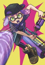 Rule 34 | + +, backwards hat, baseball cap, black leggings, black shirt, burst bomb (splatoon), carbon roller (splatoon), commentary request, gold footwear, green eyes, hat, highres, holding, holding weapon, inkling, inkling girl, inkling player character, leggings, nastar r0, nintendo, open mouth, paint roller, purple hair, purple shirt, shirt, shoes, short hair, splatoon (series), splatoon 3, striped clothes, striped shirt, teeth, two-tone shirt, weapon, yellow background