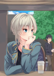Rule 34 | 10s, 1girl, anastasia (idolmaster), blue sky, blurry, cloud, coffee cup, cup, day, depth of field, disposable cup, hand to own mouth, highres, idolmaster, idolmaster cinderella girls, jacket, jewelry, long sleeves, necklace, nigo (aozoragarou), open clothes, open jacket, shirt, short hair, silver hair, sky, smile, solo focus