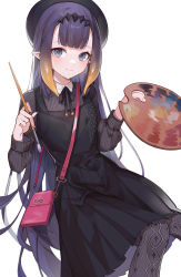 Rule 34 | 1girl, bag, beret, black dress, black hat, blonde hair, blue eyes, dress, gradient hair, hat, highres, holding, holding paintbrush, hololive, hololive english, long hair, long sleeves, looking at viewer, machi (7769), multicolored hair, ninomae ina&#039;nis, ninomae ina&#039;nis (casual), official alternate costume, paintbrush, palette (object), pantyhose, pleated dress, purple hair, revision, shoulder bag, smile, solo, tentacle hair, very long hair, virtual youtuber