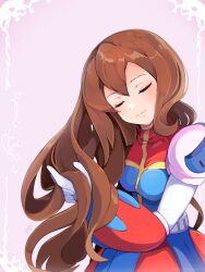 Rule 34 | 1girl, android, armor, artist name, blush, breasts, brown hair, closed mouth, commentary request, gloves, highres, iris (mega man), joints, long hair, mega man (series), mega man x4, mega man x (series), pink hair, robot joints, signature, small breasts, smile, teto (y3832), upper body