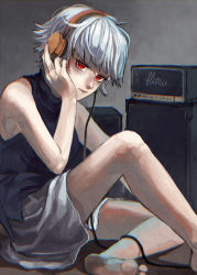 Rule 34 | .flow, 1girl, bad id, bad pixiv id, breasts, closed mouth, expressionless, feet, headphones, highres, looking at viewer, medium breasts, red eyes, sabitsuki, short hair, shousan (hno3syo), silver hair, sitting, skirt, sleeveless, sleeveless turtleneck, solo, turtleneck