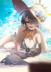 Rule 34 | 1girl, absurdres, beach, black choker, black hair, blue archive, blue sky, braid, braided ponytail, breasts, choker, cleavage, cloud, hair over one eye, halo, halterneck, hat, highres, hinata (blue archive), hinata (swimsuit) (blue archive), jelmul, large breasts, long hair, looking at viewer, official alternate costume, one-piece swimsuit, open mouth, red eyes, sand, sky, smile, solo, sun hat, swimsuit, water, white one-piece swimsuit, yellow halo, yellow hat