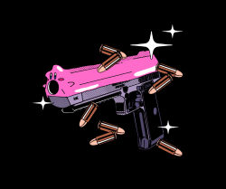 Rule 34 | ammunition, arkestar, black background, blue eyes, blush, bullet, cartridge, commentary, commercial cartridge, desert eagle, english commentary, full-power cartridge, gun, handgun, handgun cartridge, kirby, kirby (series), kirby and the forgotten land, magnum cartridge, meme, mouthful mode, nintendo, no humans, parody, pistol, pistol cartridge, solo, sparkle, weapon, weapon focus, western comics (style)
