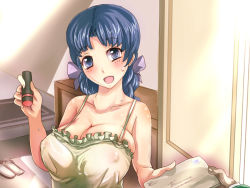 Rule 34 | 1girl, bad id, bad pixiv id, blue hair, breasts, camisole, covered erect nipples, hair ribbon, huge breasts, mailman, mature female, no bra, ribbon, see-through, solo, suoni (deeperocean)