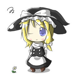 Rule 34 | 1girl, aoblue, chibi, female focus, flower, full body, hat, kirisame marisa, one eye closed, plant, simple background, skirt, solo, touhou, white background, wink, witch, witch hat