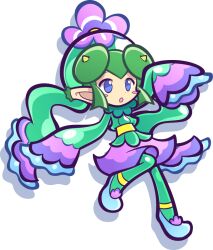 Rule 34 | 1girl, :o, alternate costume, anklet, arm up, bell sleeves, blue eyes, blue footwear, blush stickers, collar, deformed, dot nose, double bun, doughnut hair bun, drop shadow, ear tufts, flats, flower, frilled collar, frills, full body, green hair, green hat, green pantyhose, green shirt, hair bun, hat, hat flower, jewelry, knee up, layered sleeves, lidelle (puyopuyo), looking ahead, official style, open mouth, outstretched arm, pantyhose, pimyuhuwa, pointy ears, purple flower, purple skirt, puyopuyo, puyopuyo quest, sash, shirt, short hair, sidelocks, simple background, skirt, sleeves past wrists, solo, standing, standing on one leg, three quarter view, transparent background, v-bangs, yellow sash