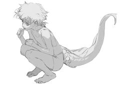 Rule 34 | 1boy, barefoot, fins, full body, greyscale, hand up, highres, huahua zhu, looking at viewer, male focus, monochrome, original, scales, short hair, shorts, simple background, solo, squatting, tail, tank top, white background