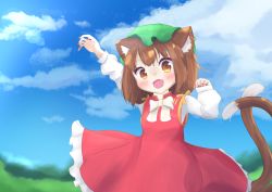 Rule 34 | 1girl, :d, animal ears, arm up, blue sky, blush, bow, brown eyes, brown hair, cat ears, cat tail, chen, cloud, day, dress, earrings, fang, fingernails, green hat, happy, hat, jewelry, long fingernails, long sleeves, mob cap, multiple tails, nail polish, open mouth, outdoors, piercing, red dress, red nails, sharp fingernails, short hair, single earring, skin fang, sky, smile, solo, tail, touhou, two tails, unonya
