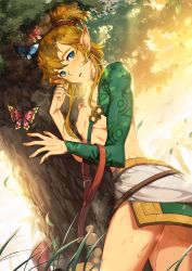 Rule 34 | 1boy, ass, asymmetrical sleeves, bare arms, belt, blonde hair, blue eyes, blush, brown belt, bug, butterfly, commentary, earrings, from side, gerudo set (zelda), highres, insect, jewelry, link, long sleeves, looking at viewer, male focus, mismatched sleeves, muse (rainforest), nintendo, outdoors, pointy ears, ponytail, solo, the legend of zelda, the legend of zelda: breath of the wild, tree, wet