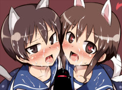 Rule 34 | 2girls, animal ears, blush, brown hair, censored, cum, cum on body, cum on clothes, cum on hair, cum on upper body, facial, heart, heart-shaped pupils, multiple girls, null (nyanpyoun), penis, school swimsuit, school uniform, serafuku, short hair, strike witches, strike witches: kurenai no majo-tachi, strike witches zero, sweatdrop, swimsuit, symbol-shaped pupils, tail, takei junko, tan, tears, tongue, tongue out, wakamoto tetsuko, world witches series