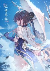 Rule 34 | 1girl, absurdres, bare shoulders, black hair, blue dress, blue eyes, blue gloves, blue sky, breasts, caisena, capelet, chinese clothes, clothing cutout, commentary request, cowboy shot, day, dress, gloves, hair bun, highres, holding, holding umbrella, honkai: star rail, honkai (series), long hair, looking at viewer, medium breasts, oil-paper umbrella, outdoors, ponytail, ruan mei (honkai: star rail), shoulder cutout, sky, snow, solo, standing, thighs, translation request, umbrella, white capelet, white umbrella