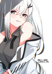Rule 34 | 1girl, allial (coefont), bare shoulders, black hair, black ribbon, breasts, character name, coefont, collarbone, collared shirt, gradient hair, grey eyes, grey shirt, hair between eyes, hair ornament, hairclip, head tilt, highres, jacket, jacket partially removed, large breasts, light blush, light smile, long hair, looking at viewer, looking to the side, mikami jun (haaryan), multicolored hair, neck ribbon, one side up, open clothes, open jacket, parted lips, ribbon, shirt, sidelocks, sleeveless, sleeveless shirt, solo, swept bangs, undone neck ribbon, upper body, white hair, white jacket