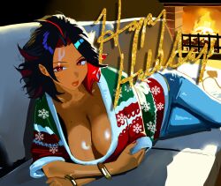 1girl bracelet breasts christmas_sweater commentary couch dark-skinned_female dark_skin fireplace genderswap genderswap_(mtf) happy_holidays hintobento jewelry mole mole_on_breast multicolored_hair on_couch red_eyes red_nails ring_(sonic) shadow_the_hedgehog shadow_the_hedgehog_(game) snowflake_print solo sonic_(series) two-tone_hair