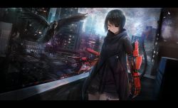 Rule 34 | 1girl, bad id, bad pixiv id, bird, black coat, black hair, city, coat, commentary, cowboy shot, crow, cyberpunk, dutch angle, eyepatch, highres, letterboxed, looking at viewer, mechanical arms, mechanical tail, mihato senba, orange eyes, original, parted lips, prosthesis, scenery, science fiction, single mechanical arm, solo, tail