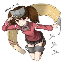 Rule 34 | 10s, 1girl, brown eyes, brown hair, brown skirt, hat tip, japanese clothes, kantai collection, kariginu, looking at viewer, magatama, md5 mismatch, pleated skirt, resized, ryuujou (kancolle), scroll, simple background, skirt, smile, solo, twintails, visor cap, white background, yakob labo