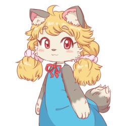 Rule 34 | 1girl, ahoge, akuma gaoru, animal ear fluff, animal ears, animal nose, black fur, blonde hair, blue dress, blush stickers, body fur, bow, commentary request, cowboy shot, dress, furry, furry female, futaba channel, hair ornament, hair scrunchie, looking to the side, pawpads, pink scrunchie, red bow, red eyes, red ribbon, ribbon, scrunchie, simple background, solo, tail, twintails, two-tone fur, uzumi, white background, white fur