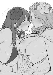 Rule 34 | 2girls, bikini, blush, breasts, byleth (female) (fire emblem), byleth (female) (summer) (fire emblem), byleth (fire emblem), covered erect nipples, eye contact, fire emblem, fire emblem: three houses, fire emblem heroes, flower, from side, greyscale, hair flower, hair ornament, hand under clothes, hibiscus, highres, ikarin, large breasts, long hair, looking at another, monochrome, multiple girls, nintendo, official alternate costume, parted lips, profile, rhea (fire emblem), rhea (summer) (fire emblem), saliva, saliva trail, sketch, sweat, swimsuit, upper body, yuri