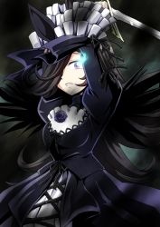 Rule 34 | 1girl, animal ears, arm up, arms up, aura, black dress, black hair, black wings, commentary, cosplay, dark aura, dress, feathered wings, frilled sleeves, frills, glowing, glowing eye, goth fashion, hair over one eye, highres, holding, holding sword, holding weapon, horse ears, juliet sleeves, kamishima kanon, long dress, long hair, long sleeves, looking at viewer, parted lips, puffy sleeves, purple eyes, rice shower (umamusume), rozen maiden, solo, standing, suigintou, suigintou (cosplay), sword, umamusume, very long hair, weapon, wings