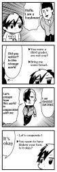 Rule 34 | 3boys, 4koma, :o, bkub, caligula (game), comic, commentary request, emphasis lines, english text, engrish text, floral print, greyscale, hair over one eye, halftone, male focus, medal, monochrome, multicolored hair, multiple boys, protagonist (caligula), ranguage, satake shougo, school uniform, serious, shirt, short hair, simple background, speech bubble, spiked hair, swept bangs, t-shirt, talking, triangle mouth, two-tone hair, white background