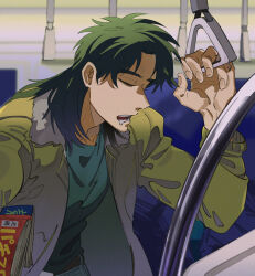 Rule 34 | 1boy, black hair, black shirt, bomber jacket, brown jacket, closed eyes, commentary request, drooling, fingernails, hand grip, highres, holding, holding hand grip, holding magazine, inudori, itou kaiji, jacket, kaiji, long hair, long sleeves, magazine (object), male focus, medium bangs, mouth drool, open clothes, open jacket, open mouth, parted bangs, shirt, sleeping, sleeping upright, solo, teeth, train interior, upper body