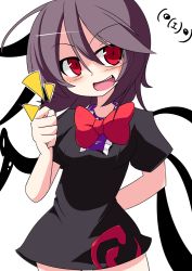 Rule 34 | 1girl, ahoge, arm behind back, asymmetrical wings, black hair, bow, dress, emoticon, fang, female focus, fig sign, houjuu nue, okumari, open mouth, red eyes, smile, solo, touhou, wings