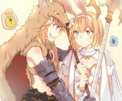Rule 34 | 10s, 2girls, animal ears, bad id, bad pixiv id, bare shoulders, berserker (granblue fantasy), blonde hair, blush, breasts, cape, cleavage, djeeta (granblue fantasy), dual persona, fake animal ears, fang, gauntlets, gradient background, granblue fantasy, grin, holding, holding weapon, looking at another, medium breasts, mikan-uji, moneybag, multiple girls, pelt, rabbit ears, sage (granblue fantasy), short hair, simple background, smile, spoken money, spoken squiggle, squiggle, staff, sweatdrop, upper body, weapon, yellow eyes, yen sign