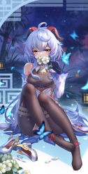 Rule 34 | 1girl, absurdres, ahoge, bamboo, bare shoulders, bell, black bodysuit, black gloves, blue butterfly, blue hair, blush, bodice, bodysuit, boots, breasts, bug, butterfly, chinese commentary, commentary request, cowbell, detached sleeves, flower, ganyu (genshin impact), genshin impact, gloves, goat horns, high heel boots, high heels, highres, holding, horns, insect, lantern, long hair, medium breasts, neck bell, night, night sky, plant, pond, purple eyes, reeds, shoes, signature, sitting, sky, solo, star (sky), unworn shoes, vision (genshin impact), white flower, white footwear, yelan xing xuan