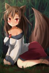 Rule 34 | 1girl, animal ears, bad id, bad pixiv id, bare shoulders, blush, brooch, brown hair, dress, imaizumi kagerou, jewelry, long hair, looking at viewer, off shoulder, red eyes, revision, shirt, sitting, skirt, solo, tail, tendo, touhou, wariza, werewolf, wolf ears, wolf tail