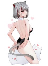 Rule 34 | 1girl, absurdres, animal ears, ass, backless leotard, bare legs, black leotard, breasts, cat, cat ears, cat girl, cat tail, cropped legs, detached collar, from behind, grey hair, heart, highleg, highleg leotard, highres, leotard, looking at viewer, looking back, median furrow, multicolored hair, neneko mashiro, picter, red eyes, red hair, short hair, sideboob, simple background, small breasts, solo, stellive, strapless, strapless leotard, streaked hair, tail, virtual youtuber, white background