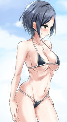 Rule 34 | 1girl, bad id, bad pixiv id, bare shoulders, bikini, black bikini, blue sky, blush, breasts, cleavage, cloud, collarbone, day, earrings, grey hair, hands on own thighs, hayami kanade, hip focus, idolmaster, idolmaster cinderella girls, jewelry, kuguri oimo, large breasts, navel, necklace, outdoors, parted bangs, parted lips, short hair, sky, solo, standing, swimsuit, thighs, wet, yellow eyes