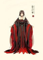 Rule 34 | 1girl, beige background, breasts, brown hair, chinese clothes, choker, cleavage, closed mouth, fate (series), frown, full body, fur trim, half updo, hanfu, highres, long hair, long sleeves, looking at viewer, medium breasts, outstretched arms, red eyes, ribbon-trimmed sleeves, ribbon trim, robe, sash, shawl, simple background, solo, standing, very long hair, wide sleeves, yu mei-ren (fate), zerocastle