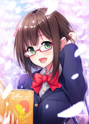 Rule 34 | 1girl, bag, blue jacket, blush, book, bow, bowtie, breasts, brown hair, buttons, fang, flower, glasses, green eyes, hair flower, hair ornament, hand in own hair, hasumi (hasubatake39), highres, idolmaster, idolmaster cinderella girls, jacket, looking at viewer, maekawa miku, medium breasts, open book, open mouth, outdoors, petals, red-framed eyewear, red bow, red bowtie, school bag, school uniform, short hair, smile, solo, tree
